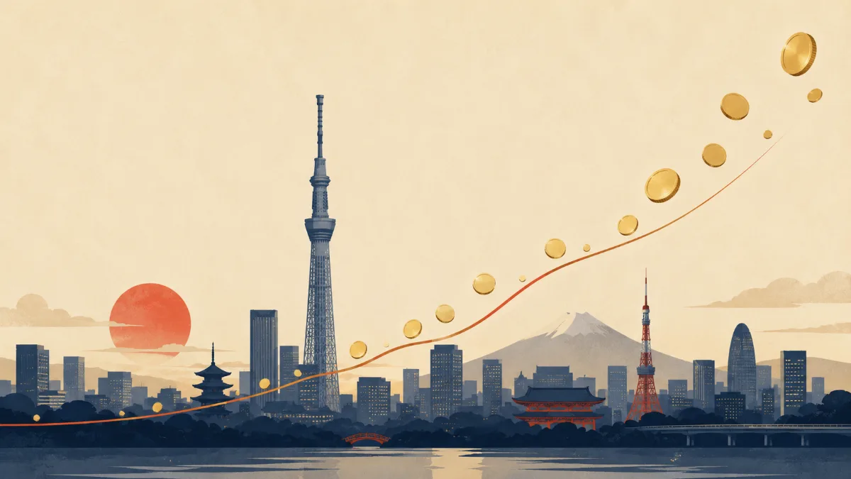 A Japanese high-dividend portfolio concept — coins and a rising income stream over a Tokyo skyline at dusk