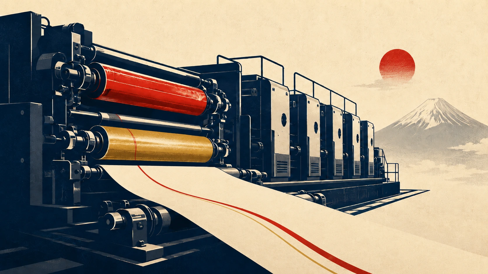 Editorial illustration of a high-speed printing press laying vivid ink onto a moving web of paper